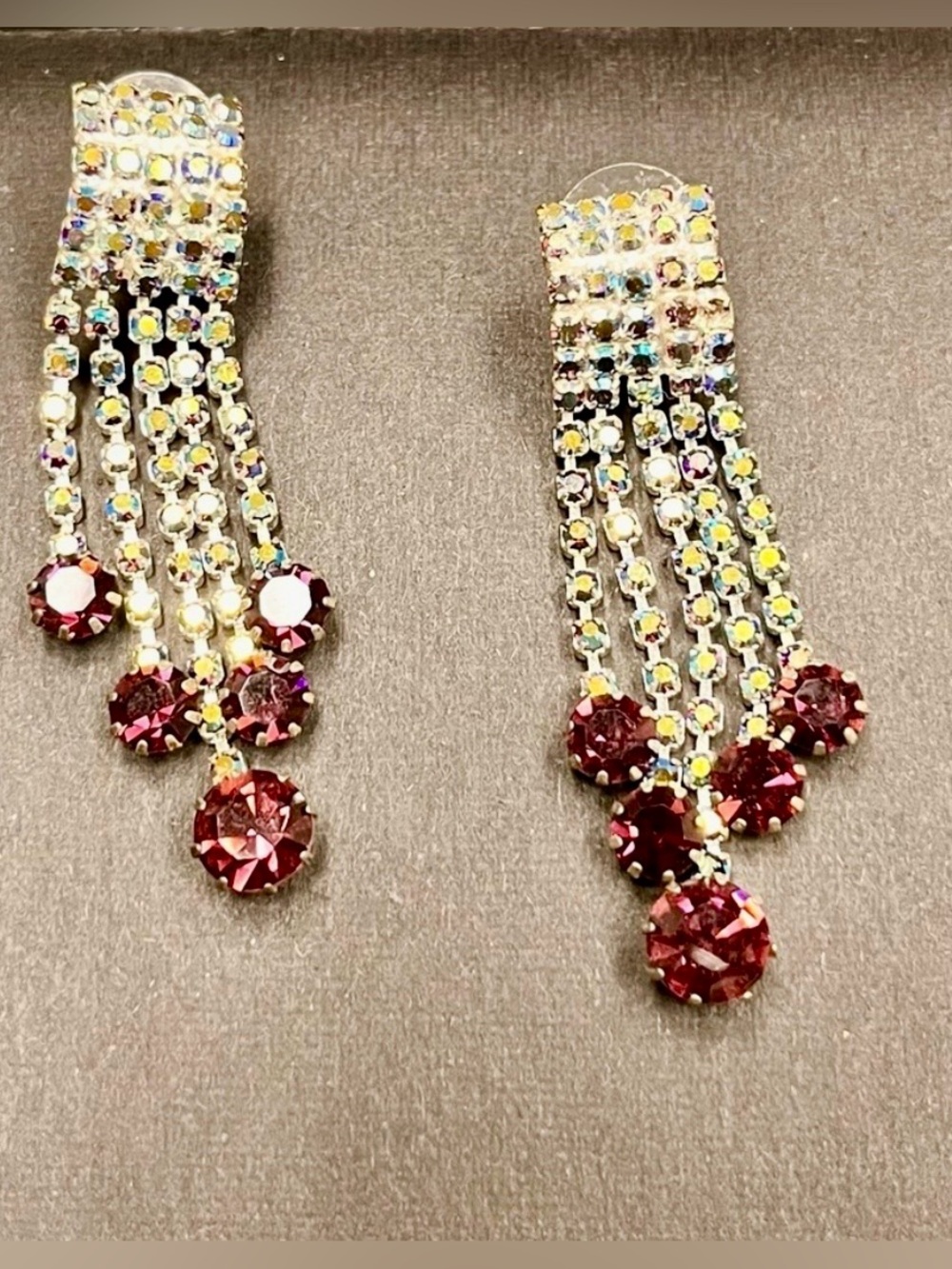 Vintage Silver Ruby Red AB Crystal Waterfall Fringe Dangle Pierced Earrings Chic